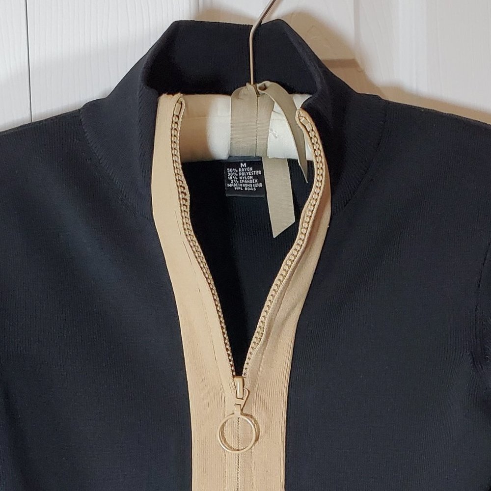 INC Sweater -Zipper Chocolate Brown with Tan Accent Size M